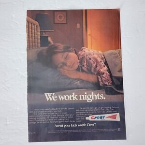 Vintage 1985 Crest Toothpaste Print Ad Girl Asleep in Bed Magazine Clipping 8x11